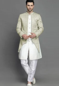 Brocade Layered Sherwani in Light Beige