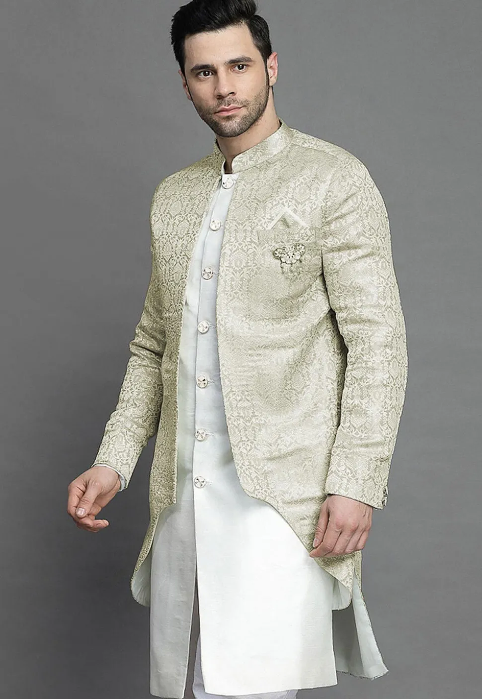 Brocade Layered Sherwani in Light Beige