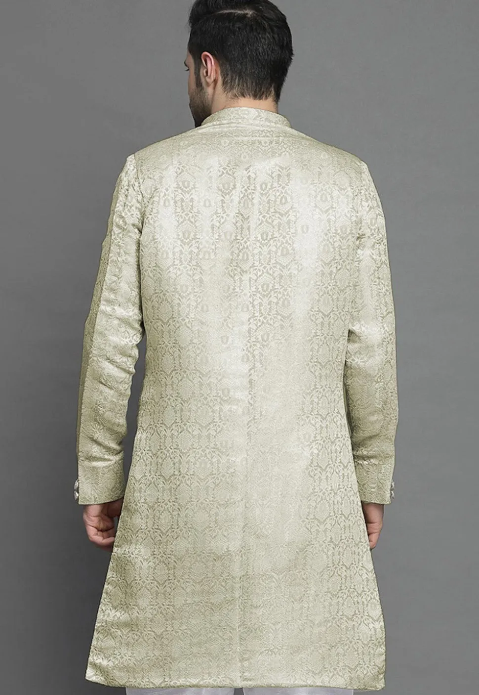 Brocade Layered Sherwani in Light Beige