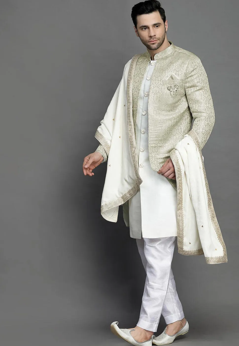 Brocade Layered Sherwani in Light Beige