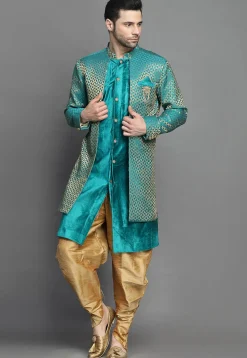 Brocade Layered Sherwani in Teal Blue