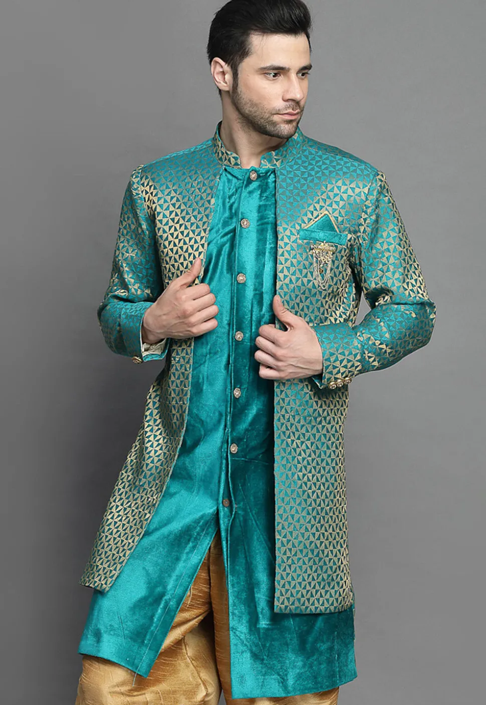 Brocade Layered Sherwani in Teal Blue
