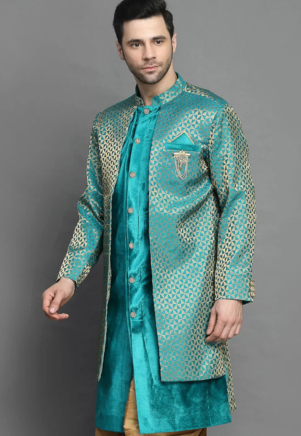 Brocade Layered Sherwani in Teal Blue