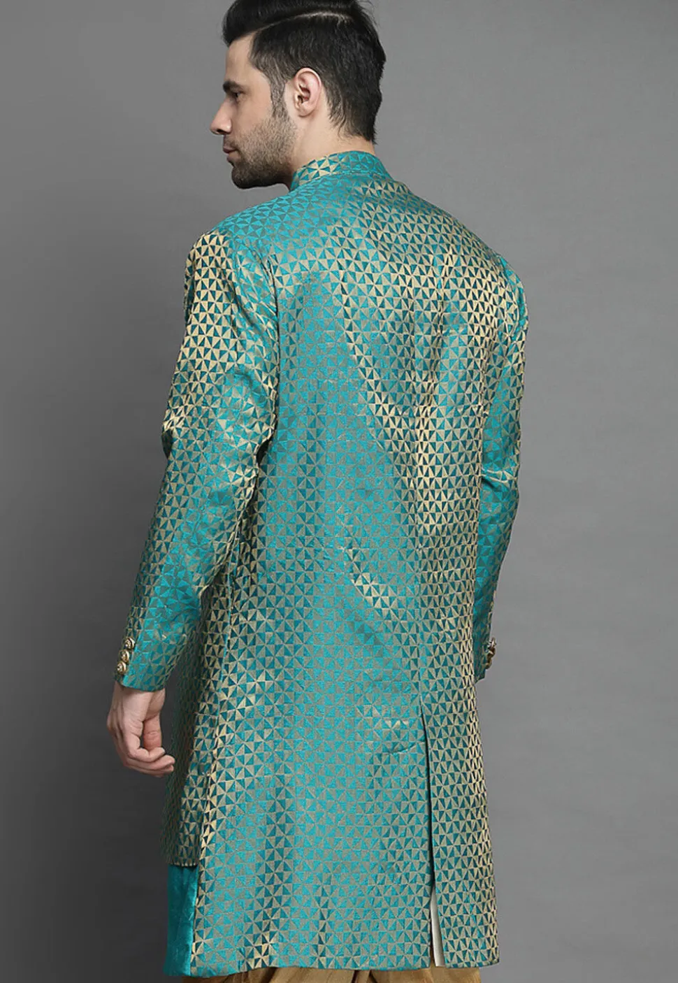 Brocade Layered Sherwani in Teal Blue