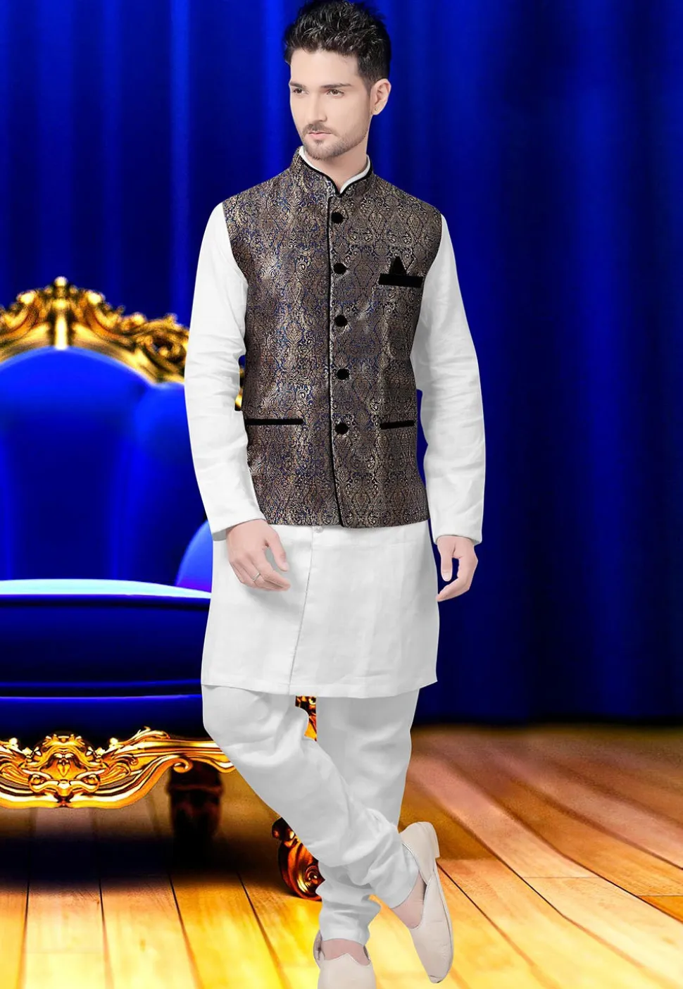 Brocade Nehru Jacket in Antique and Navy Blue