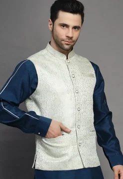 Brocade Nehru Jacket in Light Beige