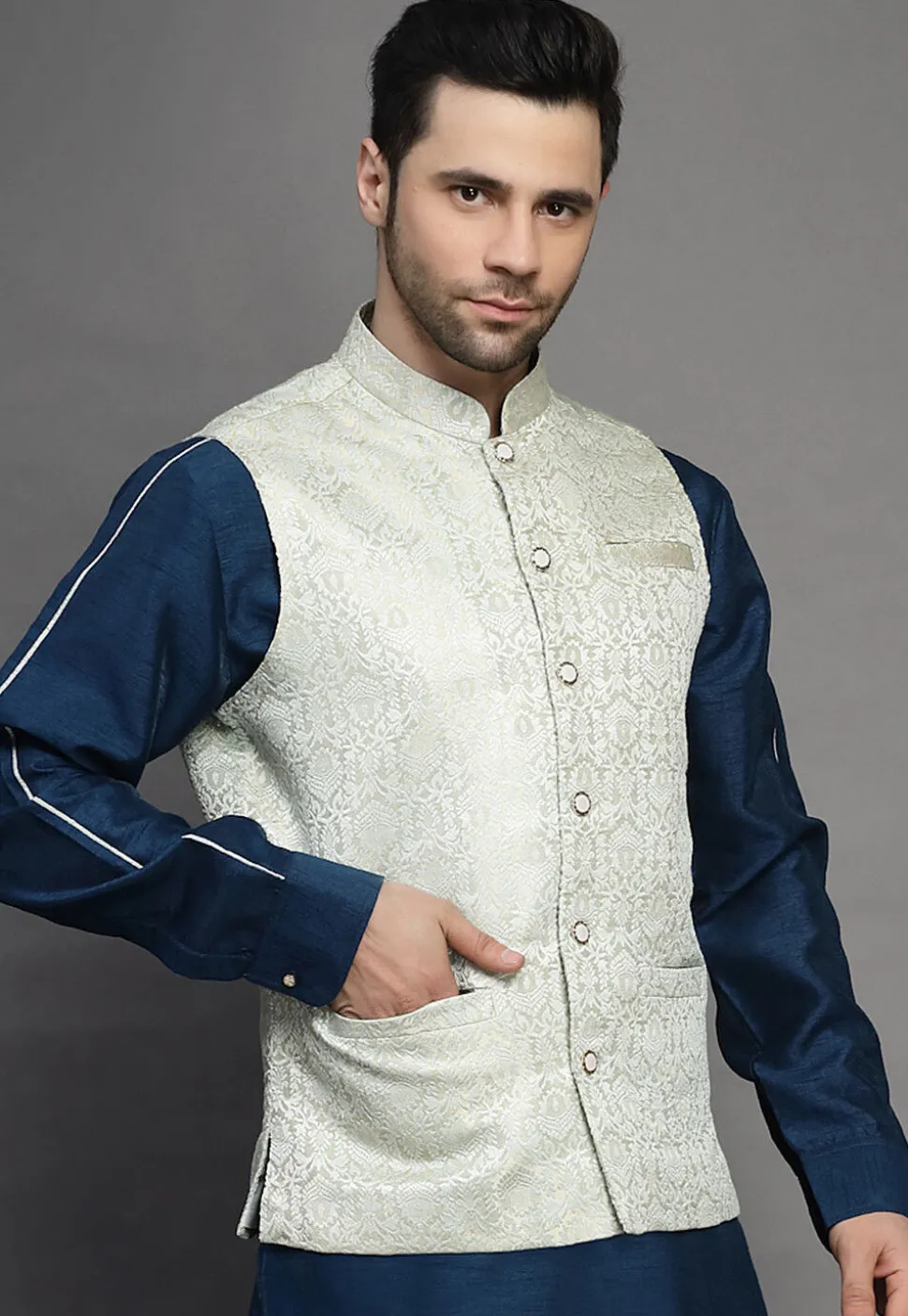 Brocade Nehru Jacket in Light Beige