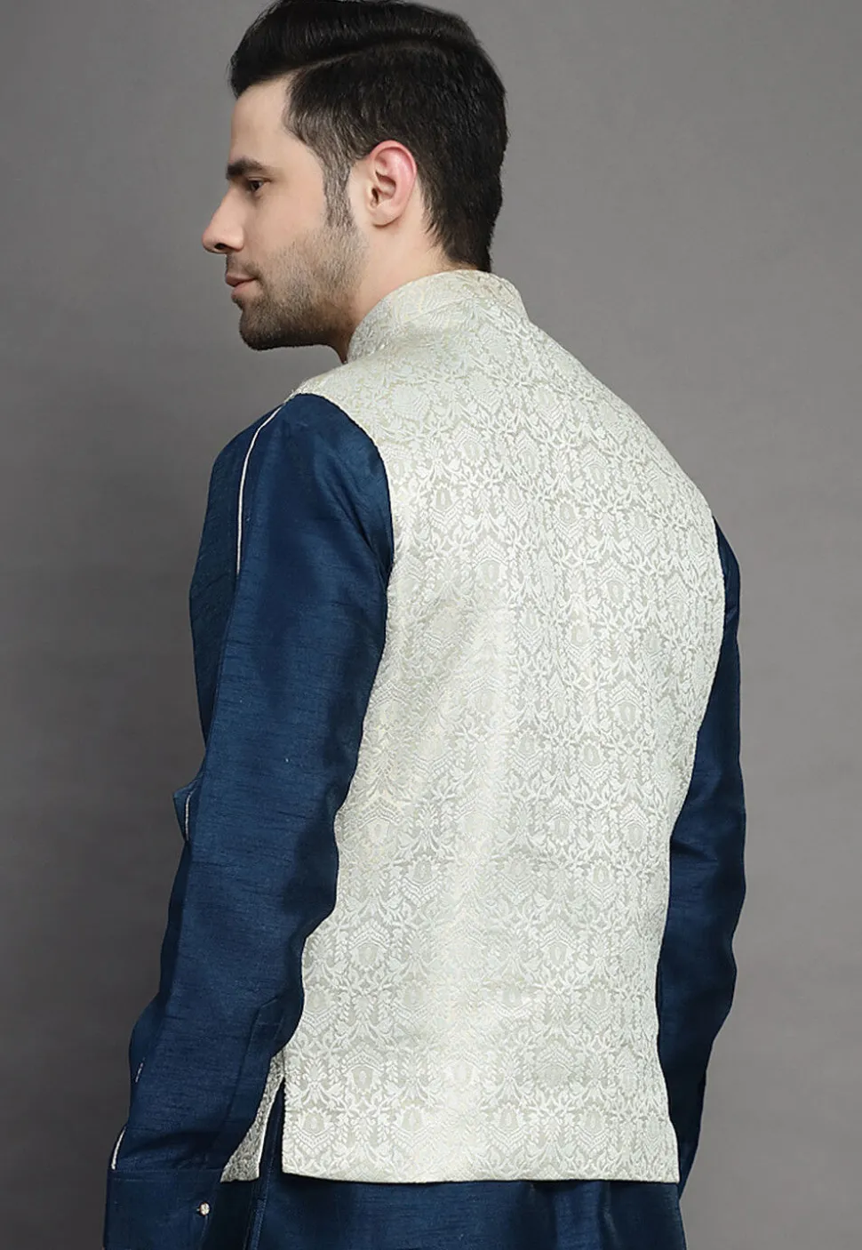 Brocade Nehru Jacket in Light Beige