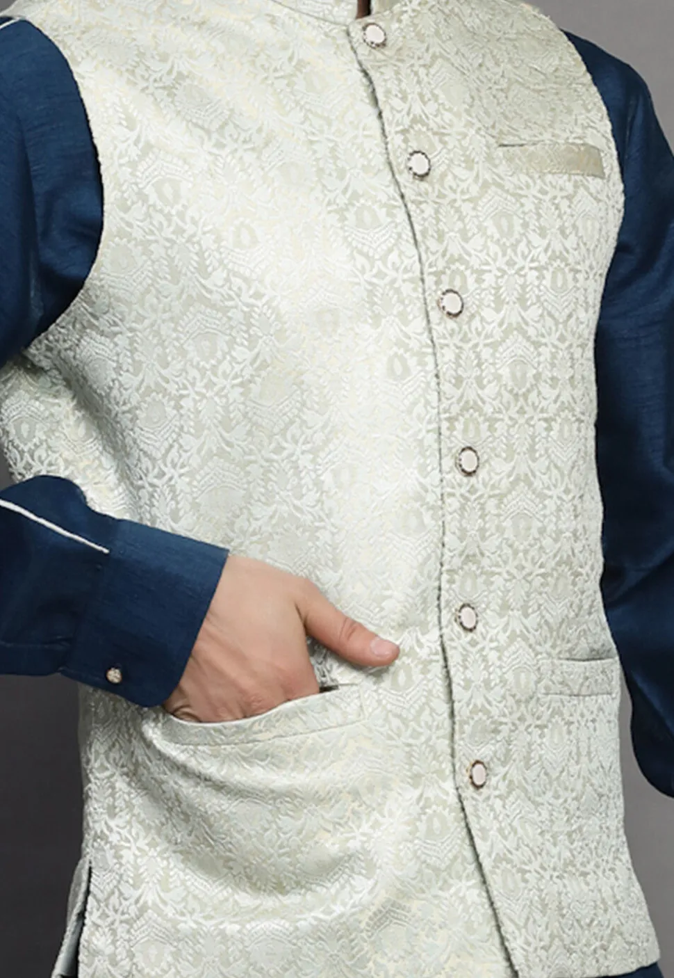 Brocade Nehru Jacket in Light Beige