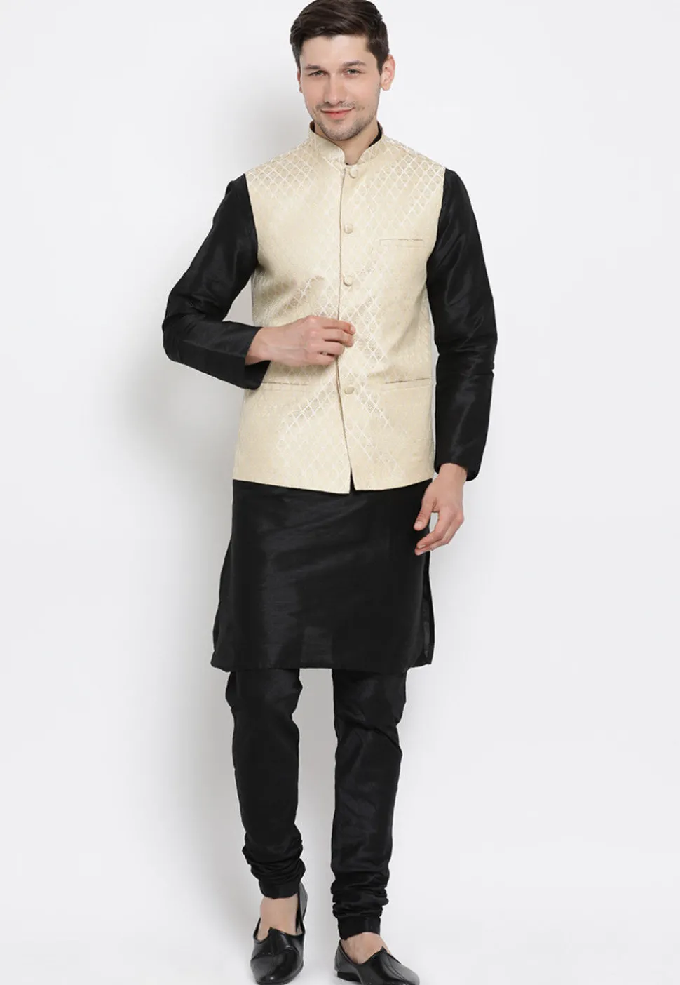 Brocade Nehru Jacket in Light Beige