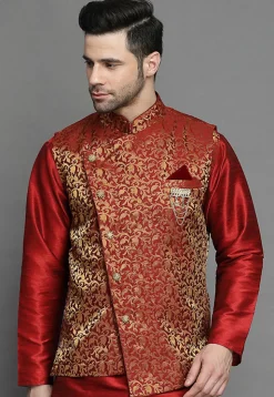 Brocade Nehru Jacket in Maroon
