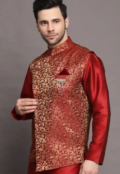 Brocade Nehru Jacket in Maroon