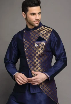 Brocade Nehru Jacket in Navy Blue