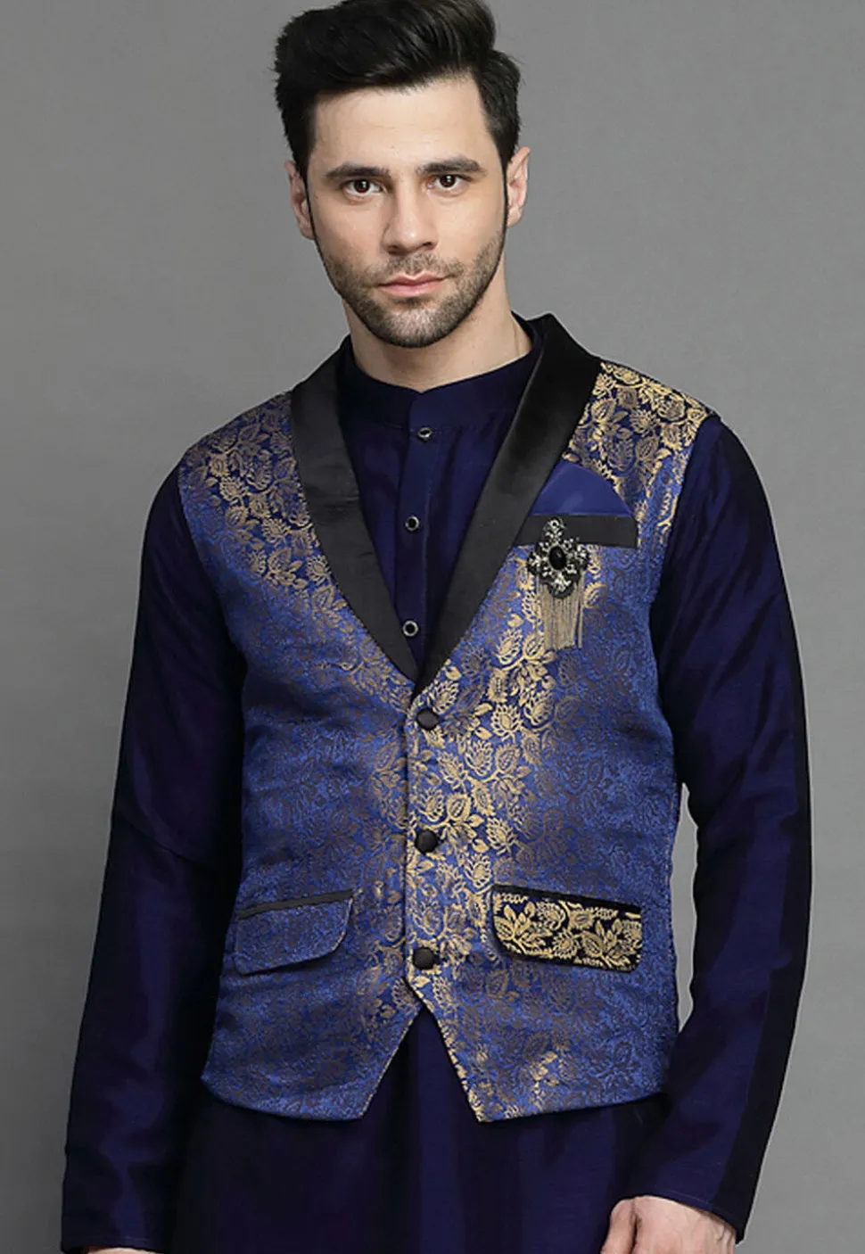 Brocade Nehru Jacket in Navy Blue