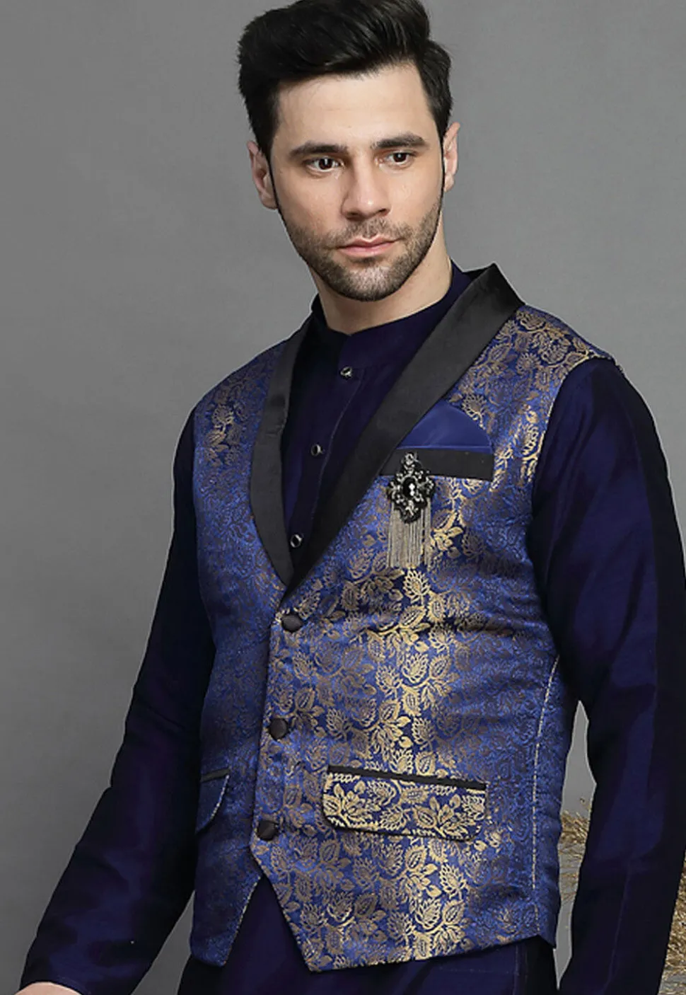 Brocade Nehru Jacket in Navy Blue