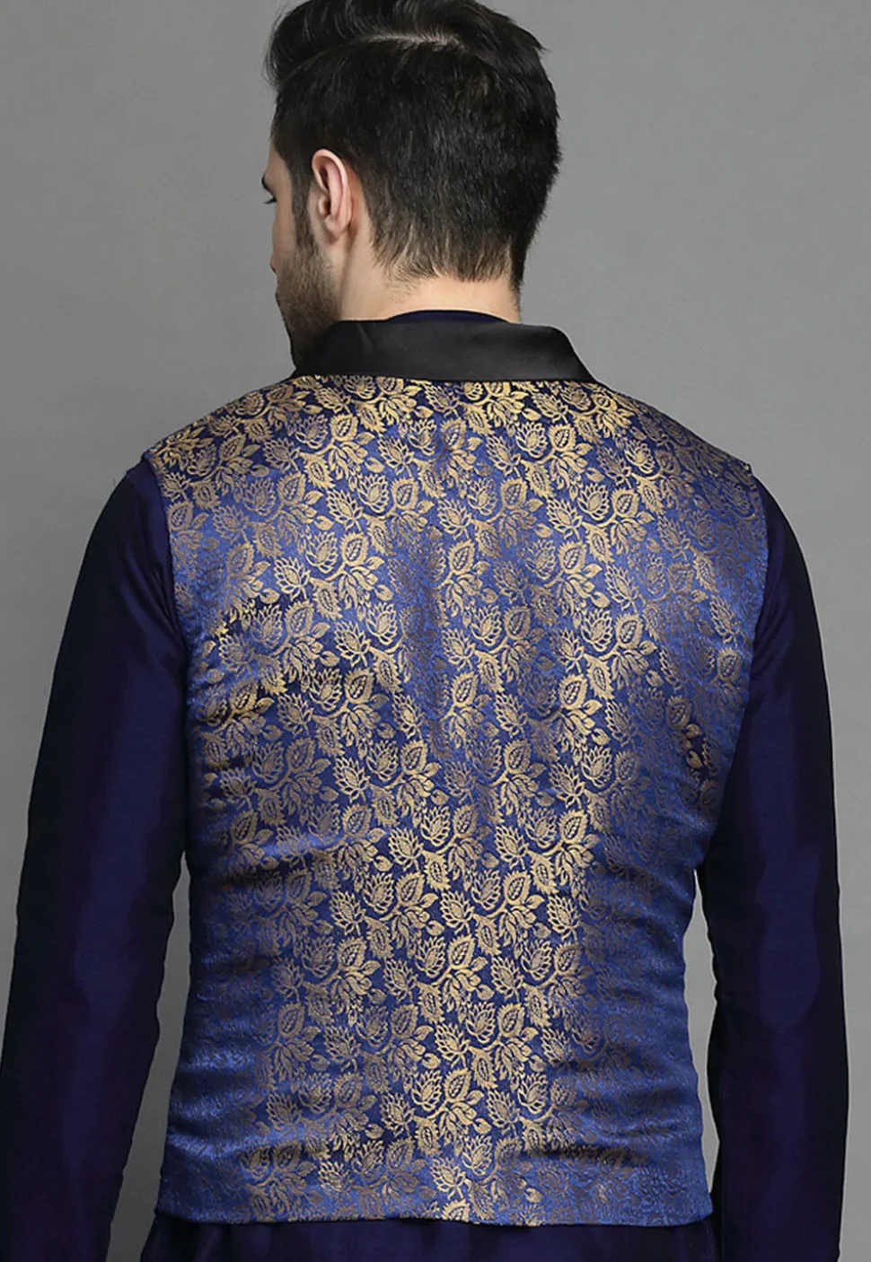 Brocade Nehru Jacket in Navy Blue