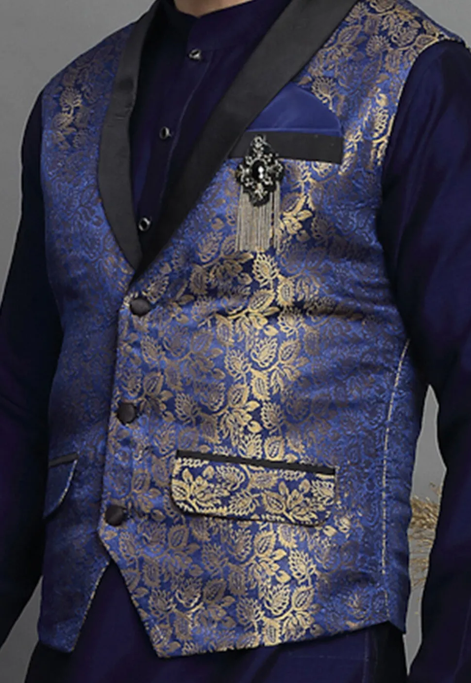 Brocade Nehru Jacket in Navy Blue