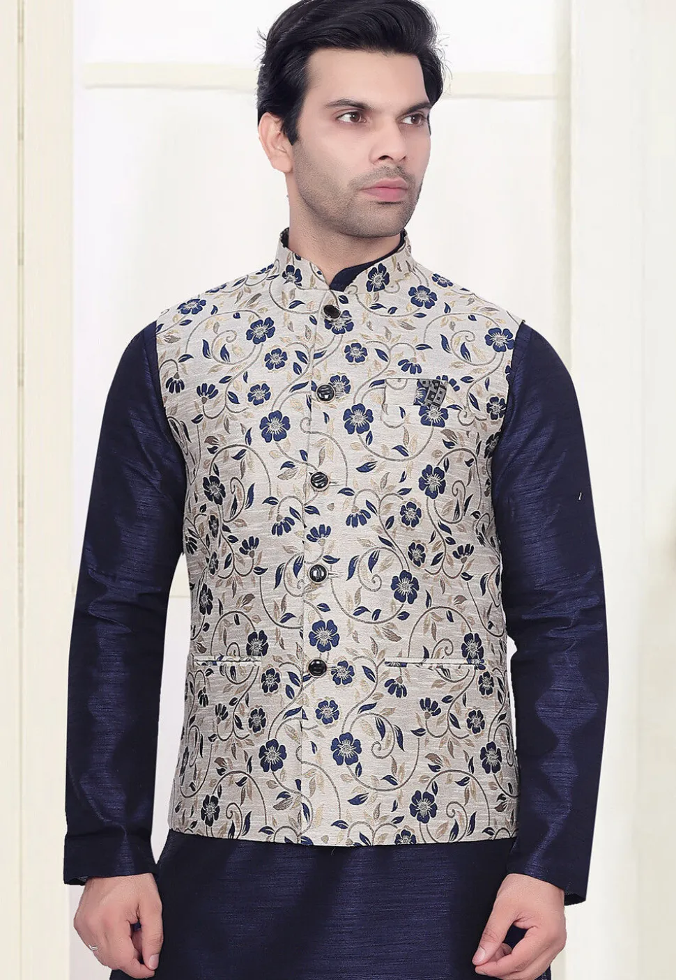 Brocade Nehru Jacket in Off White