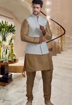 Brocade Nehru Jacket in Off White