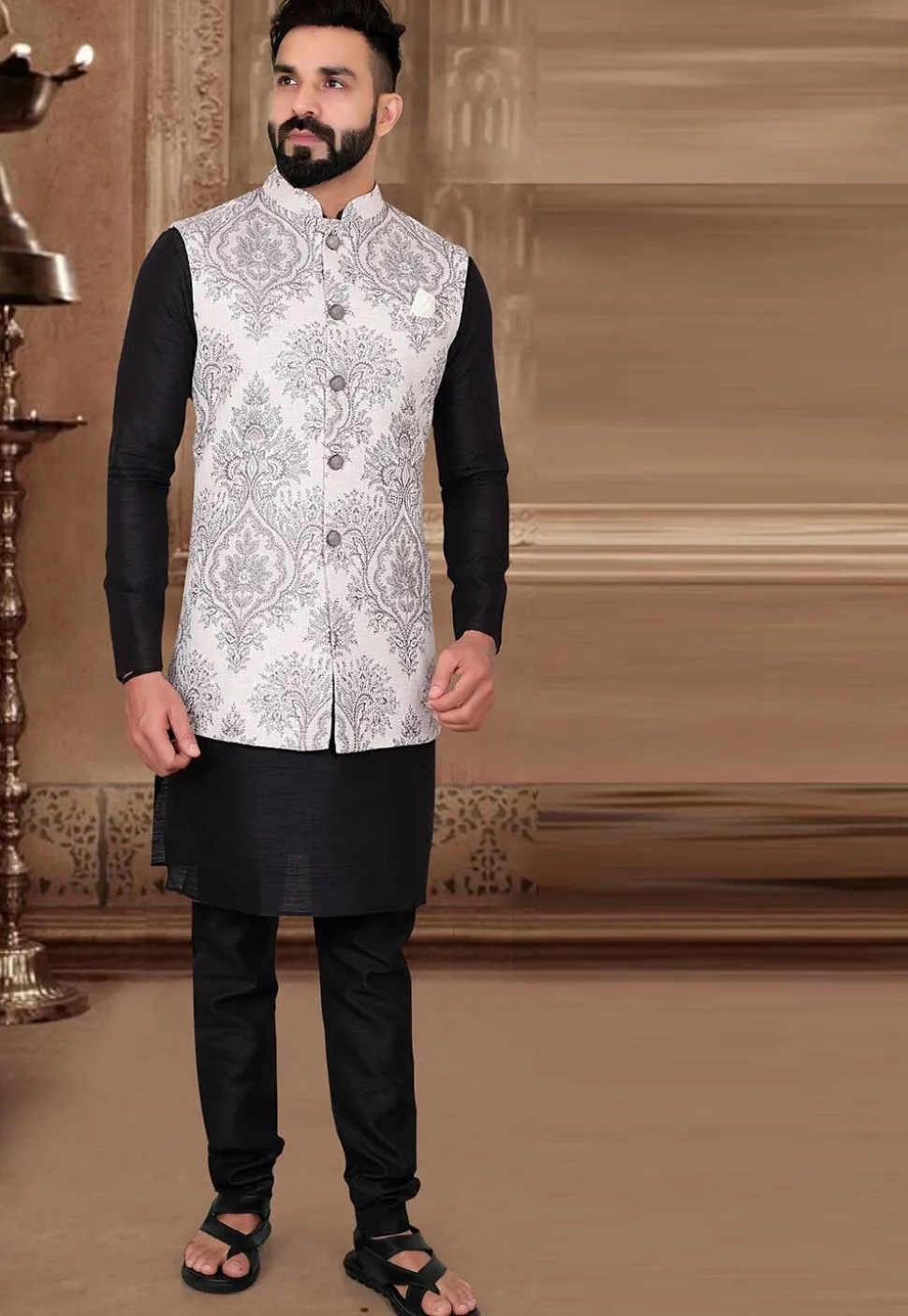 Brocade Nehru Jacket in Off White