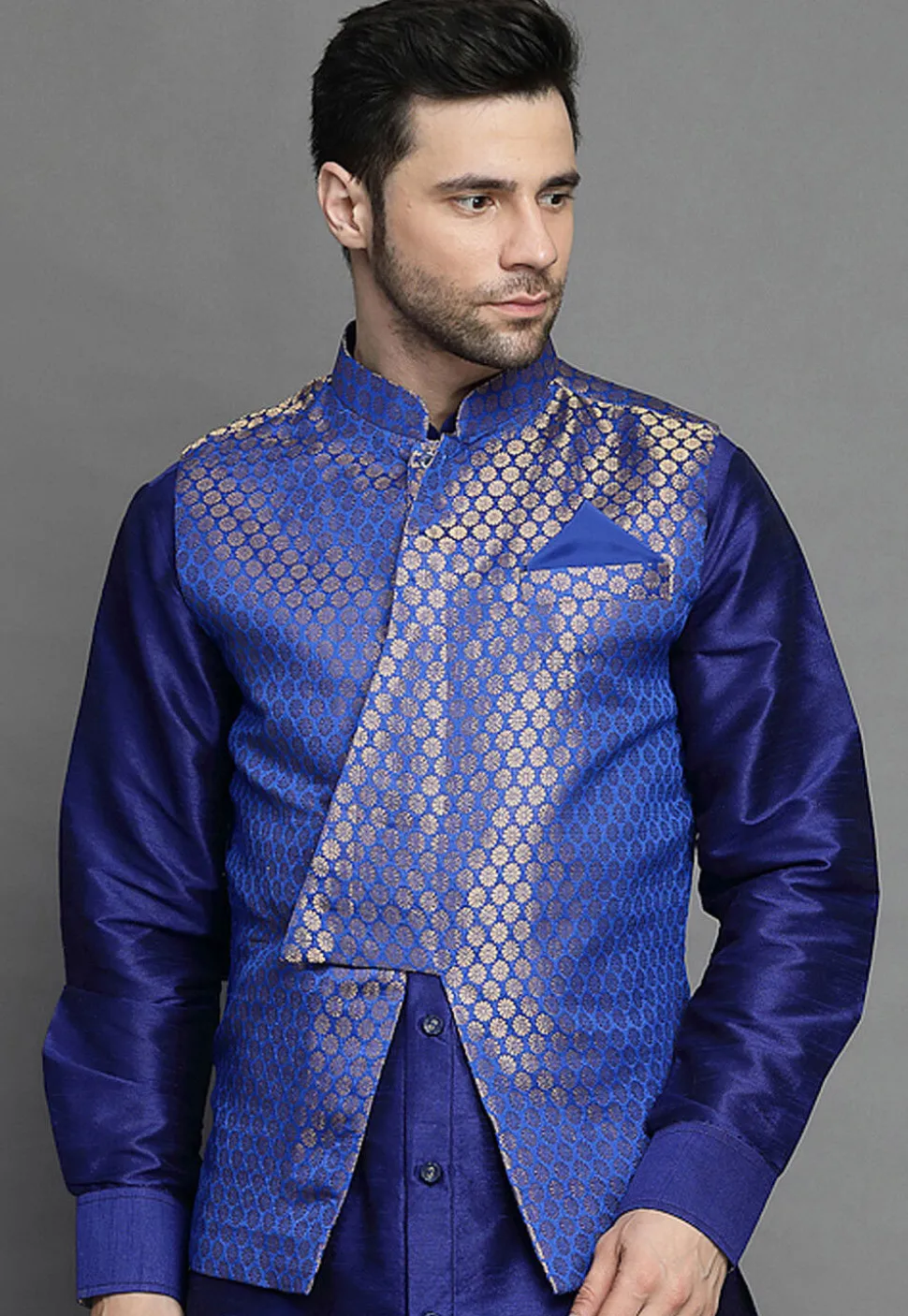 Brocade Nehru Jacket in Royal Blue