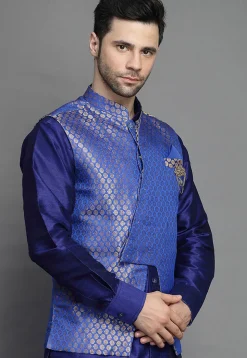 Brocade Nehru Jacket in Royal Blue