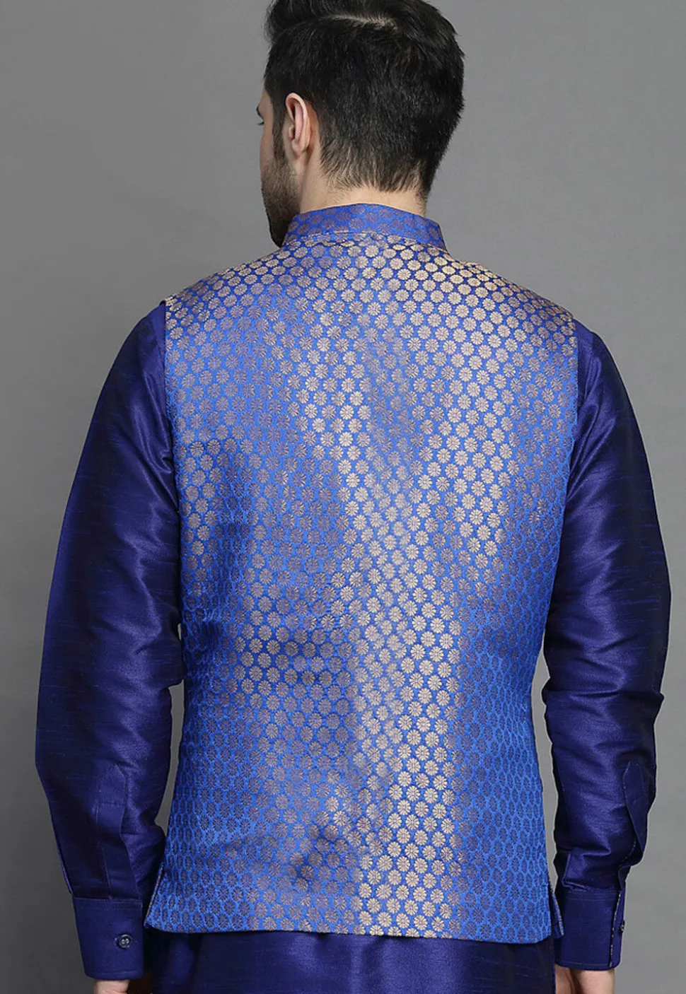 Brocade Nehru Jacket in Royal Blue