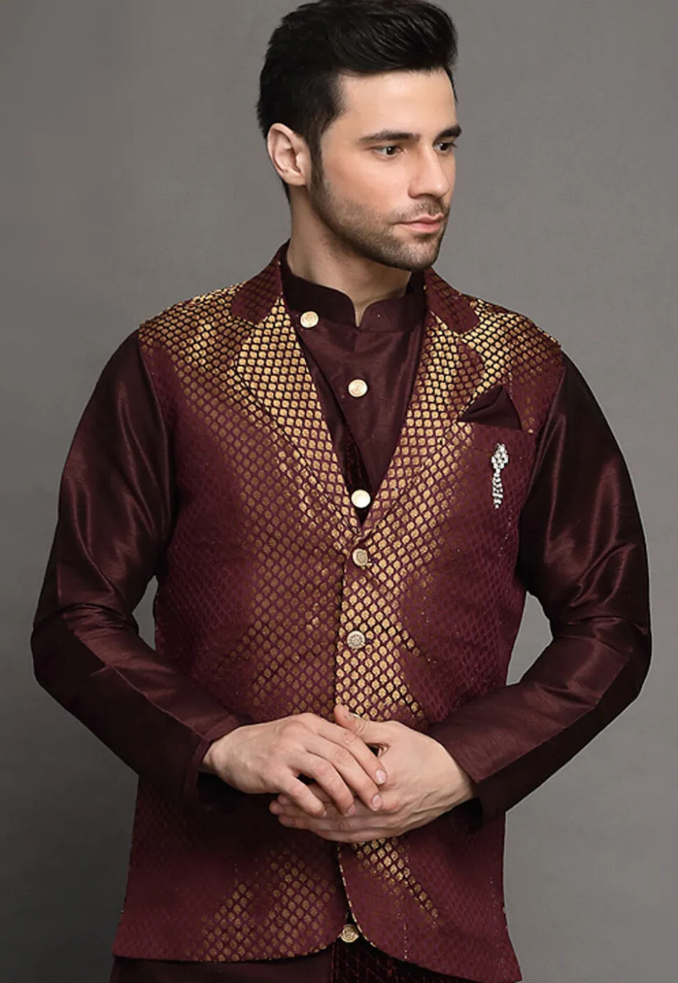 Brocade Nehru Jacket in Wine
