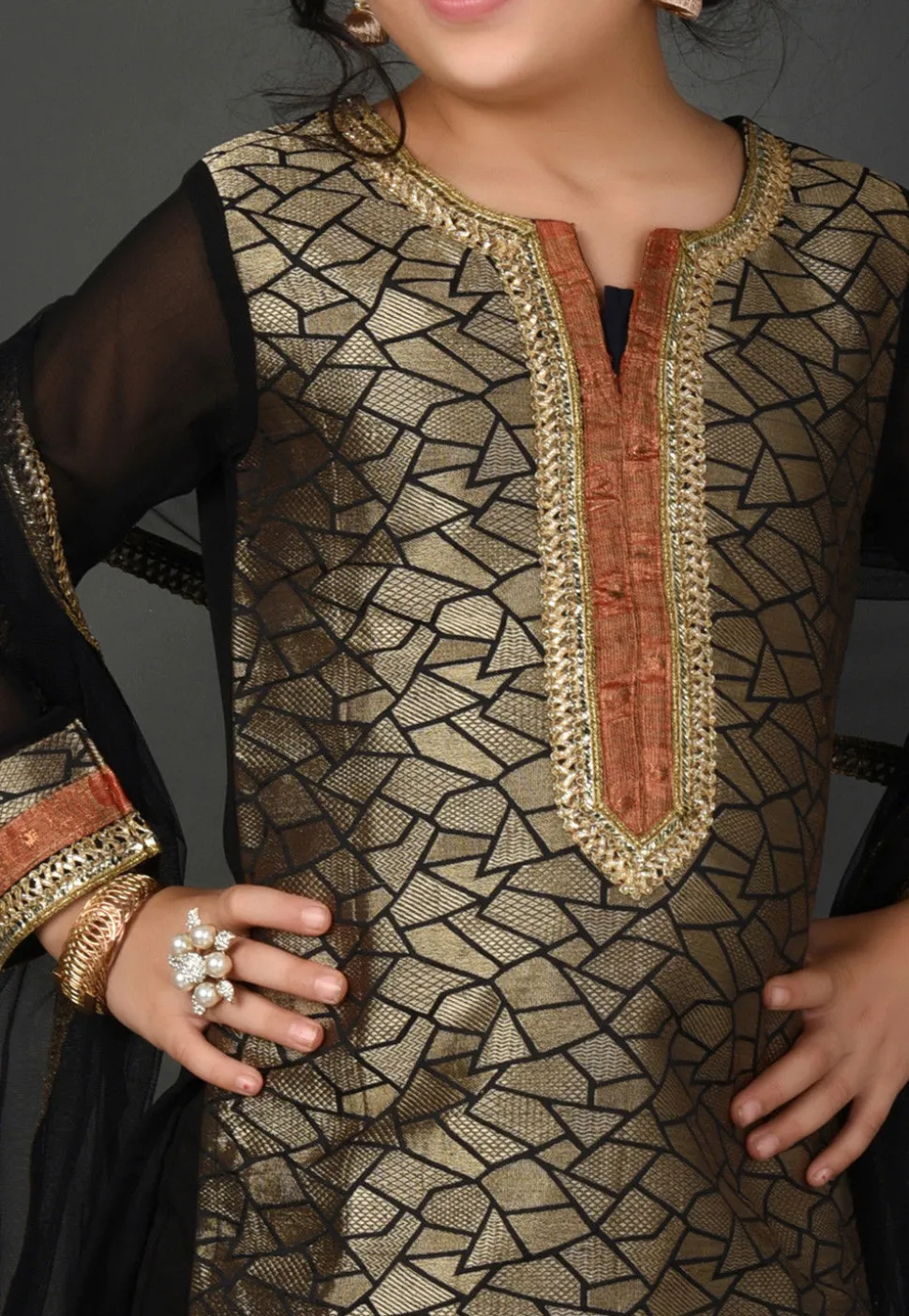 Brocade Pakistani Suit in Golden and Black