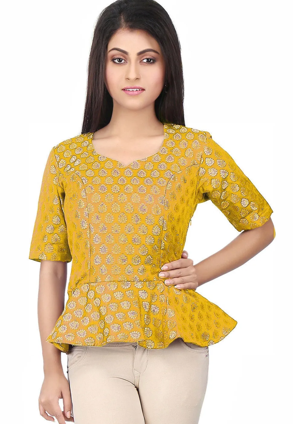 Brocade Peplum Style Top in Yellow