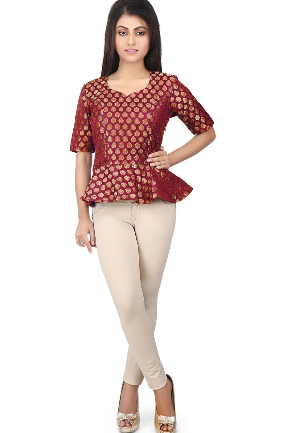 Brocade Peplum Style Top in Maroon