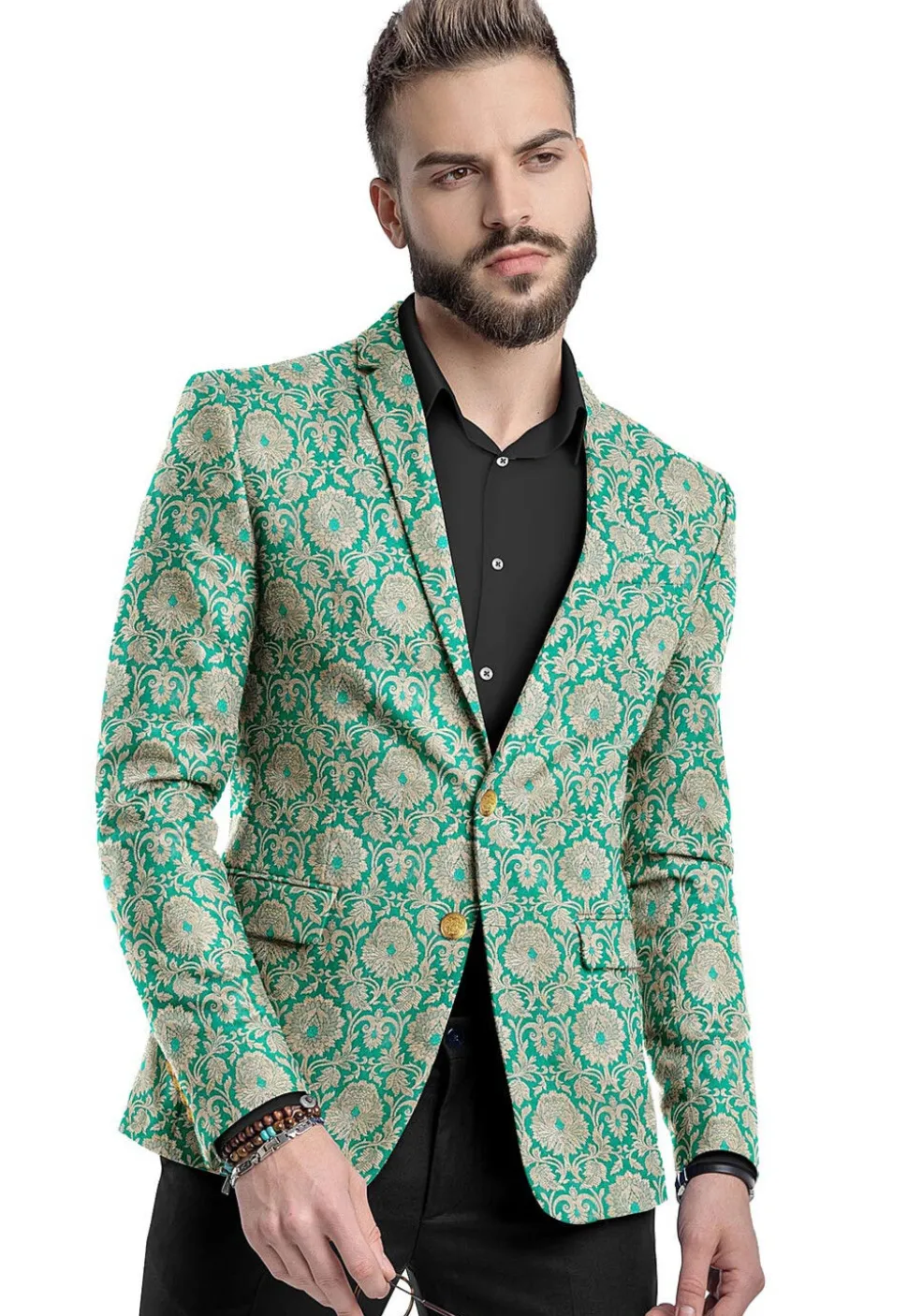 Brocade Pure Banarasi Satin Silk Blazer in Sea Green