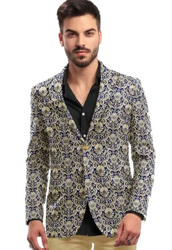 Brocade Pure Banarasi Satin Silk Blazer in Navy Blue