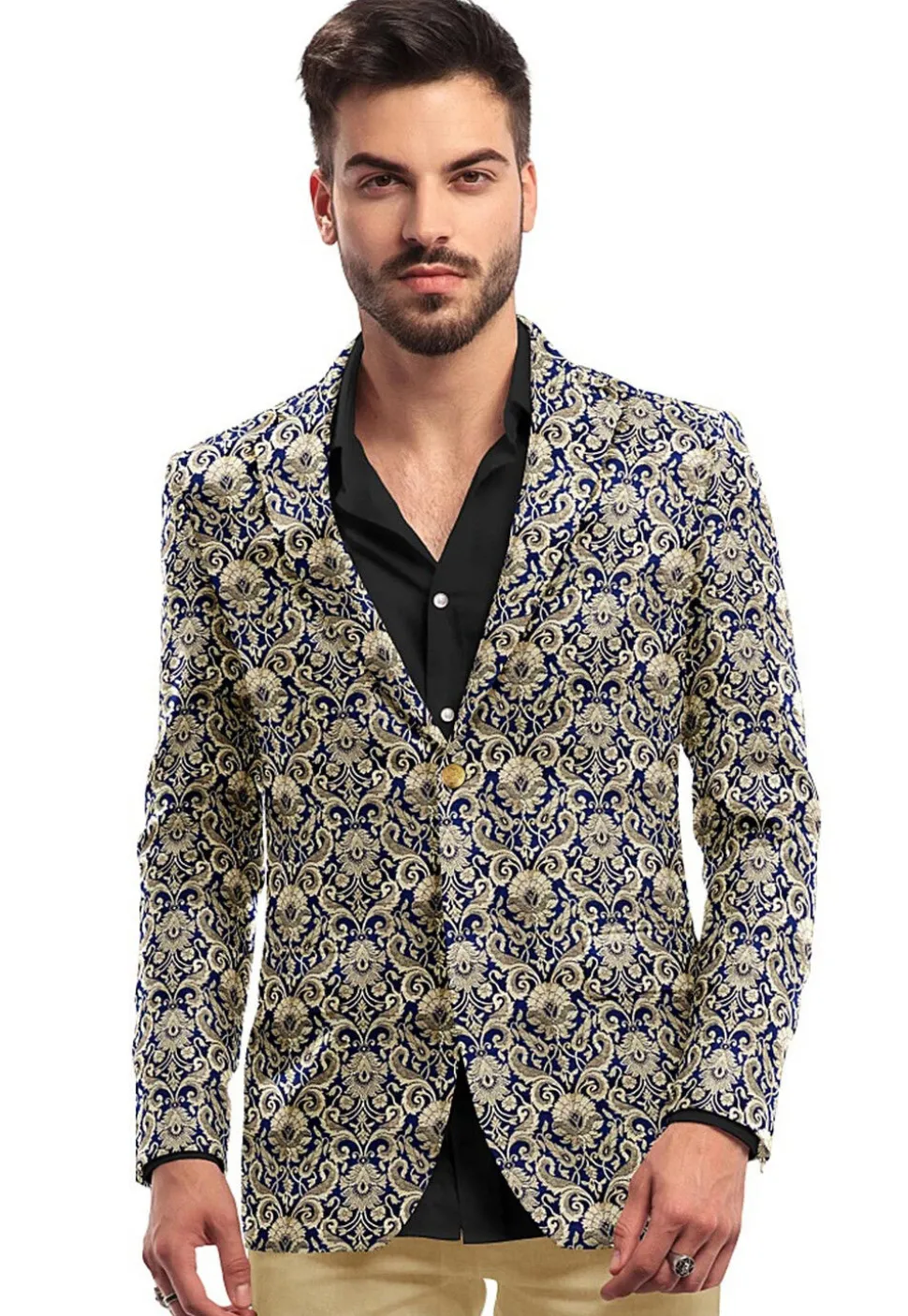 Brocade Pure Banarasi Satin Silk Blazer in Navy Blue