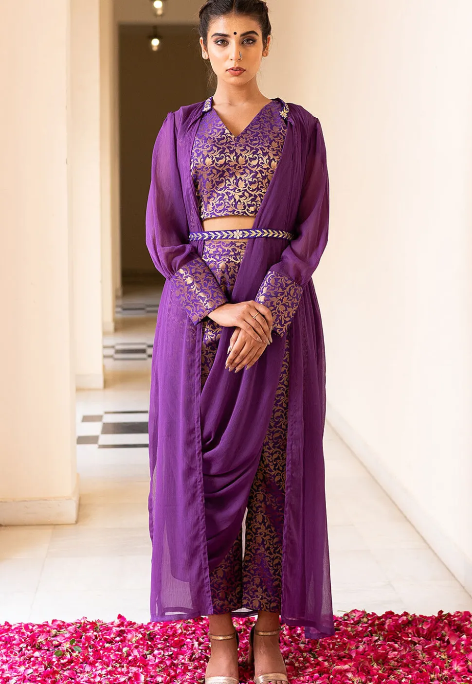 Brocade Pure Brocade Silk Crop Top Set in Purple