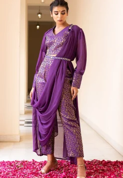 Brocade Pure Brocade Silk Crop Top Set in Purple