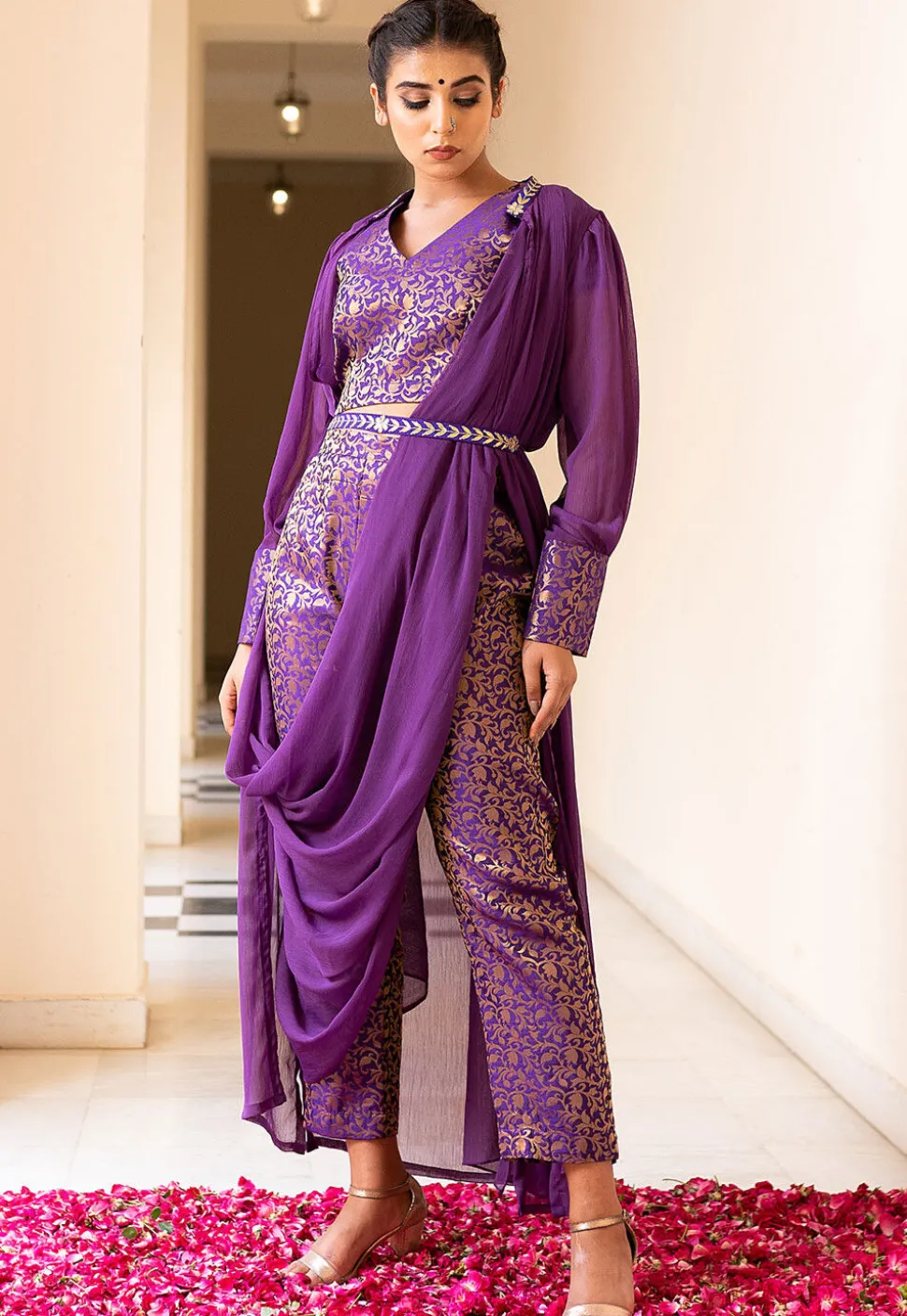 Brocade Pure Brocade Silk Crop Top Set in Purple