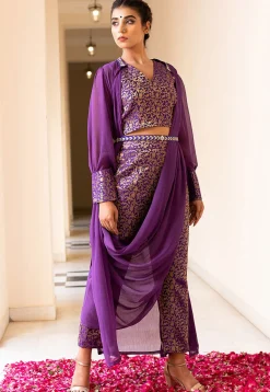 Brocade Pure Brocade Silk Crop Top Set in Purple