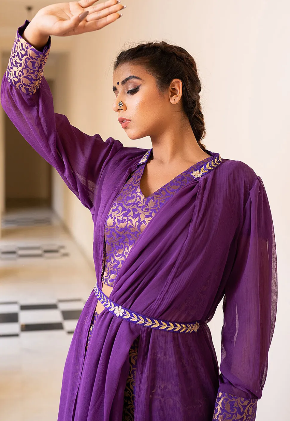 Brocade Pure Brocade Silk Crop Top Set in Purple