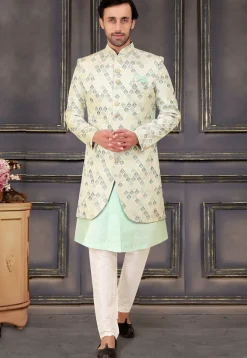 Brocade Sherwani in Cream and Light Blue