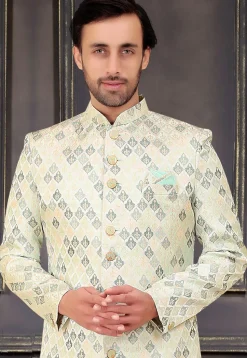 Brocade Sherwani in Cream and Light Blue