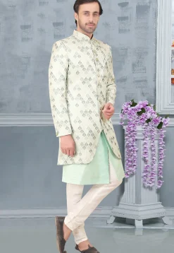 Brocade Sherwani in Cream and Light Blue