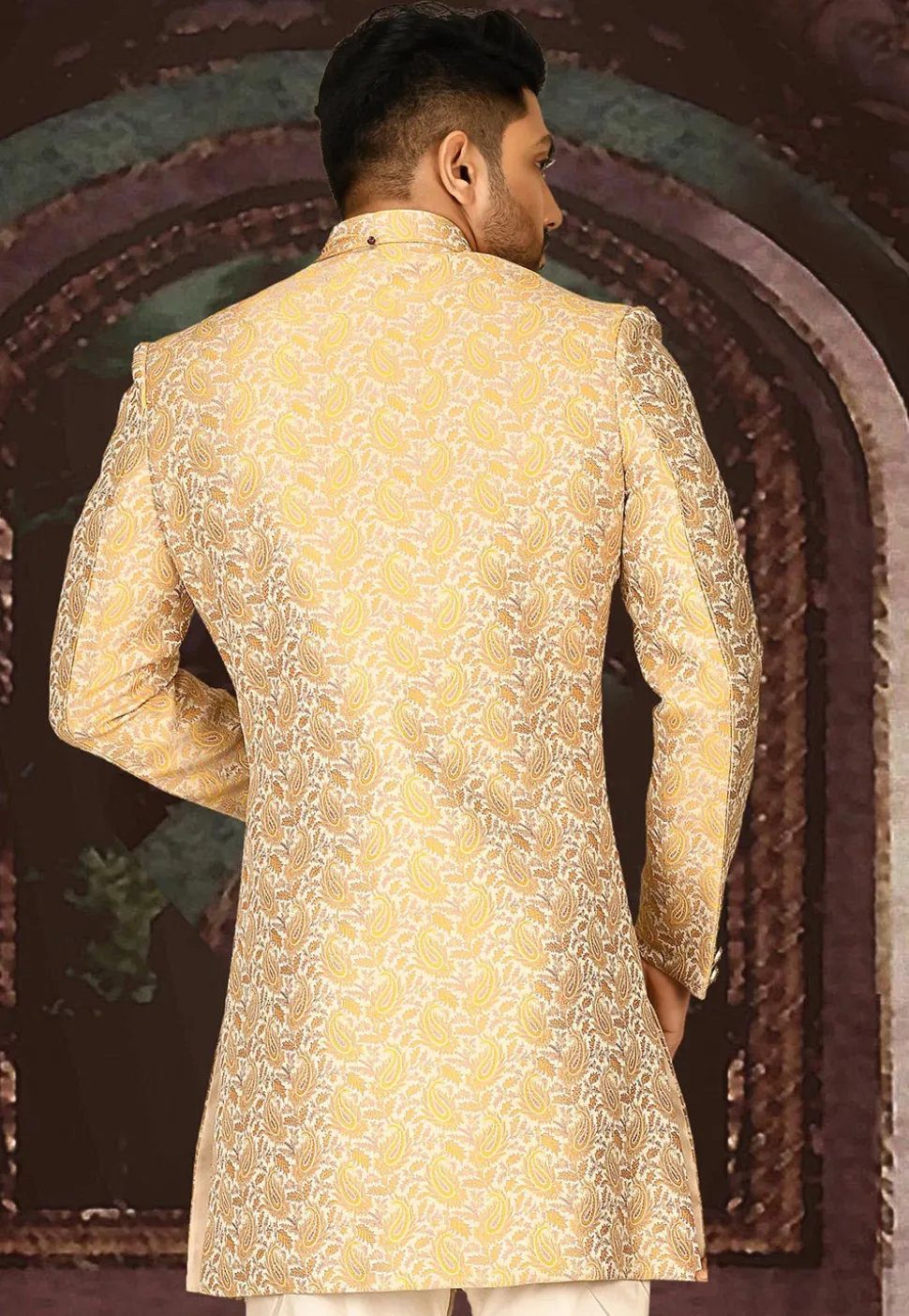 Brocade Sherwani in Light Beige