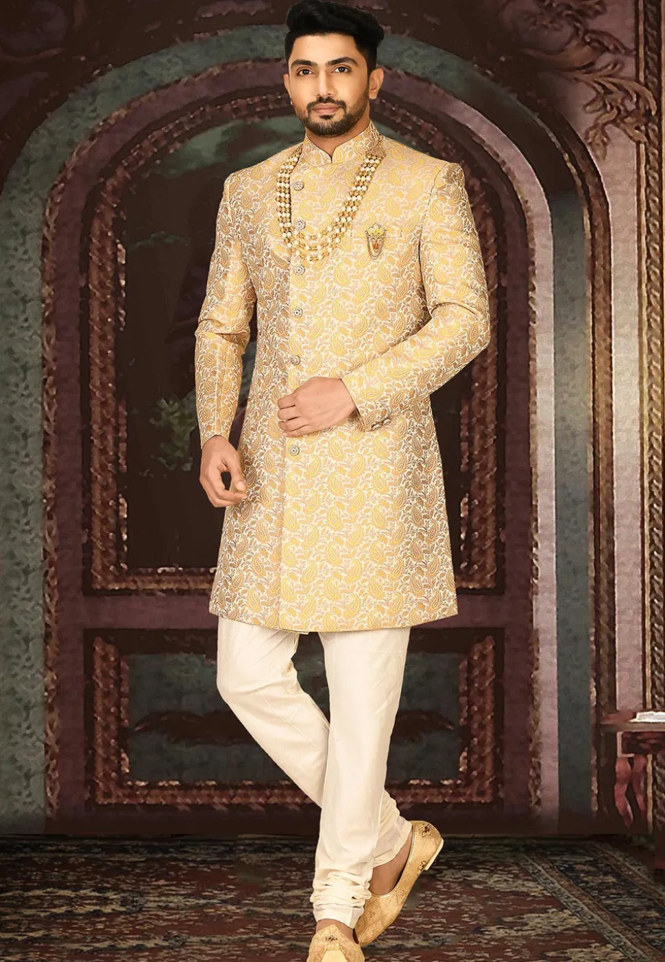 Brocade Sherwani in Light Beige