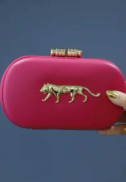 Brooch Rexin Rectangular Clutch Bag in Pink