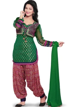 Chanderi Brocade and Net Punjabi Suit in Green