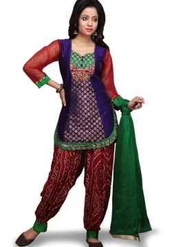 Chanderi Silk Punjabi Suit in Purple and Red