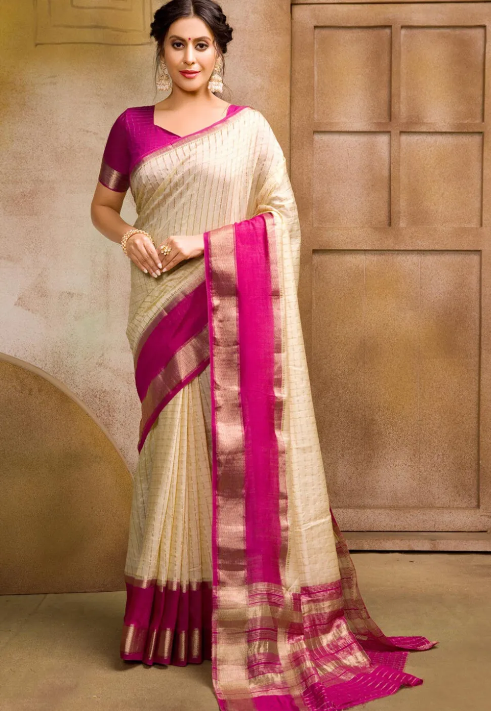 Chanderi Silk Saree in Off White
