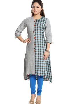 Check Printed Cotton Asymmetric Kurta in Light Grey