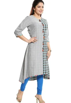 Check Printed Cotton Asymmetric Kurta in Light Grey